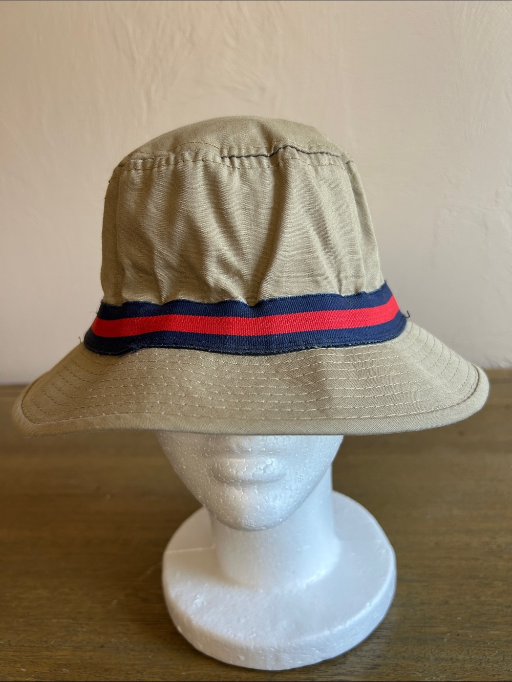 Vintage Y2K Dorfman Pacific Water Repellent Bucket Hat Khaki Navy and Red Stripe